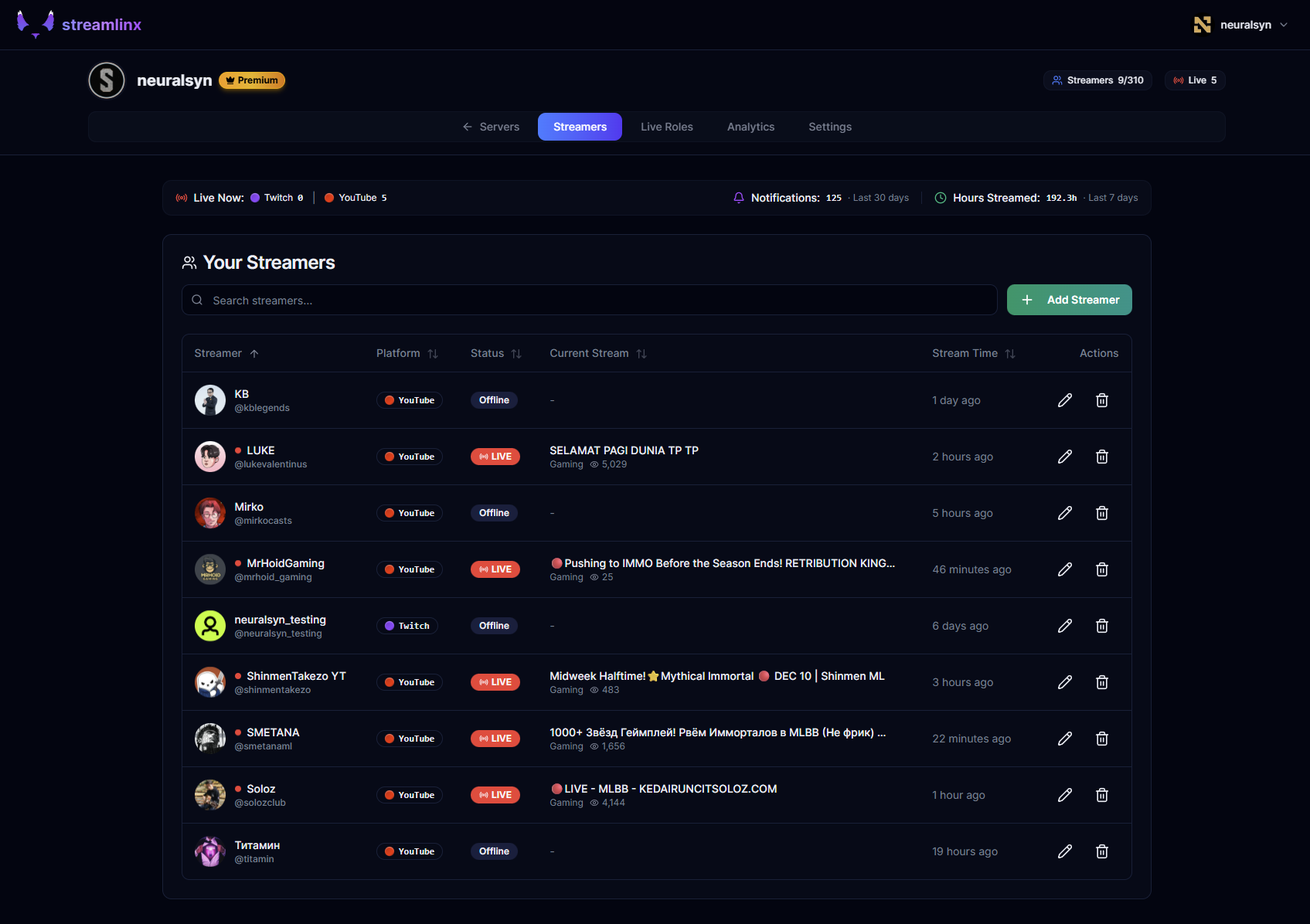 Streamlinx Dashboard